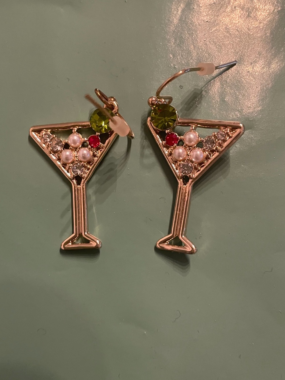 Cocktail Glass Dangle Earrings in Gold with Green and Red Accents